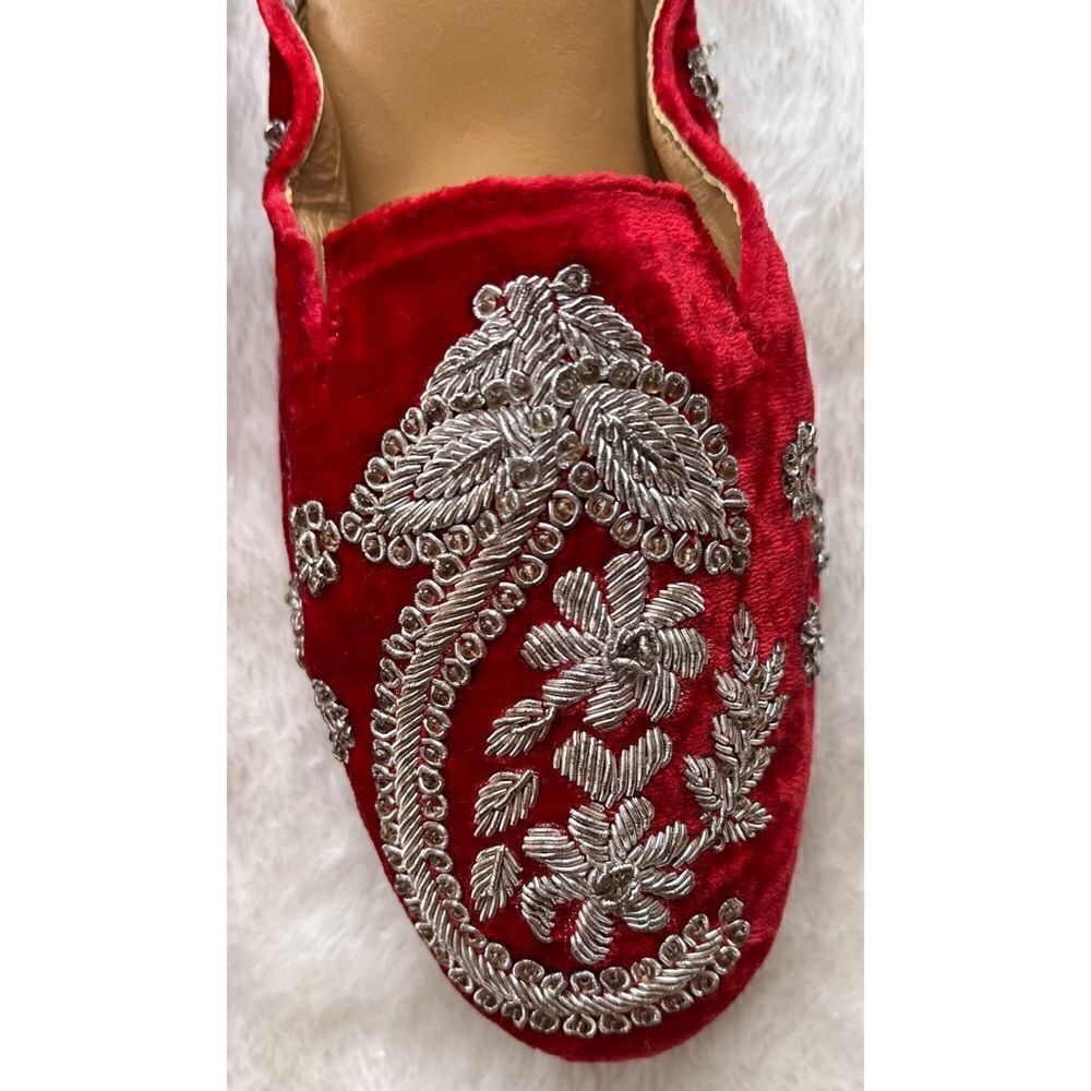 SAACHI Red Velvet Silver Embroidered Custom Made Handmade Mule Slides - Picture 3 of 15